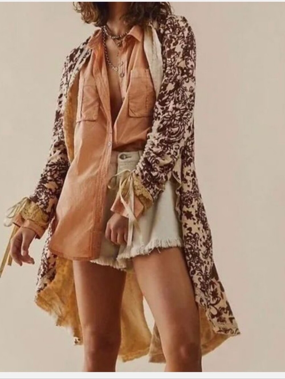 Free People Cream and Brown Floral Open Long Bohemian Cotton Cardigan Sz S